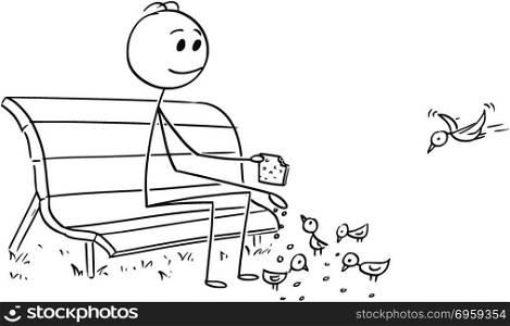 Cartoon of Man or Businessman Relaxing on Park Bench and Feeding Birds. Cartoon stick man drawing conceptual illustration of businessman relaxing on park bench and feeding birds. Business concept of relaxation, revenue and pension.