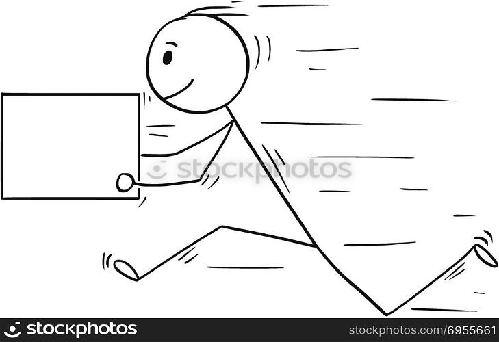 Cartoon of Man or Businessman Running Fast With Delivery Box, Usable as Empty Sign for Text. Cartoon stick man drawing conceptual illustration of businessman running fast with delivery box or letter. Usable as empty or blank sign for your text.