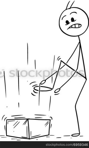 Cartoon of Man or Businessman to Whom Brick or Stone Fall Down on Foot. Cartoon stick man drawing conceptual illustration of businessman to whom brick or big stone fall down on foot.