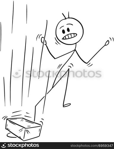 Cartoon of Man or Businessman to Whom Brick or Stone Fall Down on Foot. Cartoon stick man drawing conceptual illustration of businessman to whom brick or big stone fall down on foot.