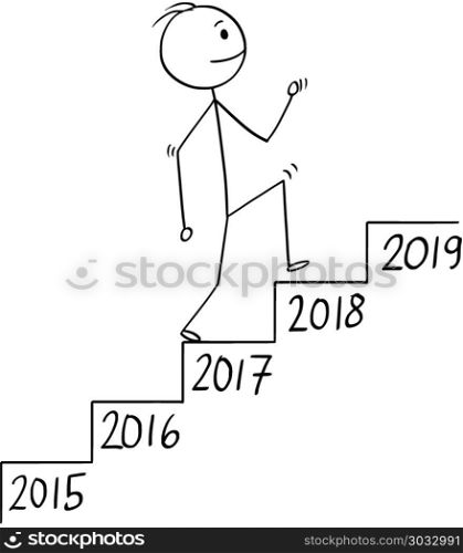 Cartoon of Man or Businessman Walking Up the Stairs, Metaphor of Growth in Time. Cartoon stick man drawing conceptual illustration of businessman walking up the stairs or staircase or stairway with year number on each step. Business concept of growth in time.