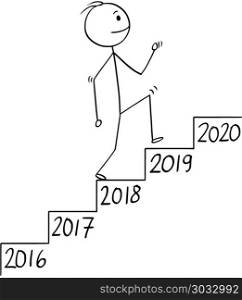 Cartoon of Man or Businessman Walking Up the Stairs, Metaphor of Growth in Time. Cartoon stick man drawing conceptual illustration of businessman walking up the stairs or staircase or stairway with year number on each step. Business concept of growth in time.