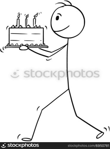 Cartoon of Man or Businessman Walking With Birthday Cake. Cartoon stick man drawing conceptual illustration of businessman walking and carry birthday cake.
