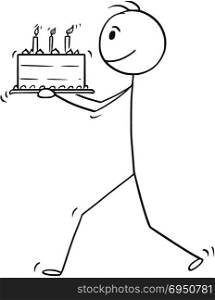 Cartoon of Man or Businessman Walking With Birthday Cake. Cartoon stick man drawing conceptual illustration of businessman walking and carry birthday cake.