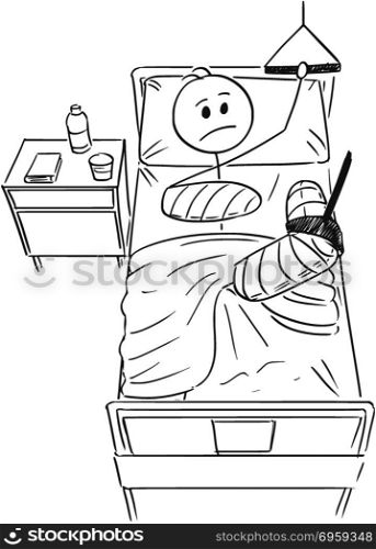 Cartoon of Man or Businessman With Broken Leg and Arm Lying on Bed in Hospital. Cartoon stick man drawing conceptual illustration of businessman with broken leg and arm lying on bed in hospital. Concept of career break or healthcare.