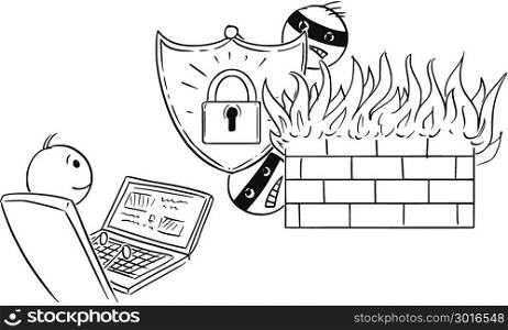 Cartoon of Man or Businessman Working on Computer Secured by Strong Password and Firewall. Cartoon stick man drawing conceptual illustration of businessman working safely on computer while hackers cannot breach strong password and firewall. Concept of internet and network security.
