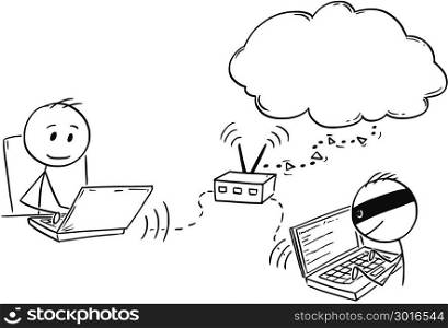 Cartoon of Man or Businessman Working on Computer While Hacker is Breaching in to his Network Router. Cartoon stick man drawing conceptual illustration of businessman working on computer while hacker is breaching in to his network wifi router. Concept of internet and network security.