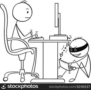 Cartoon of Man or Businessman Working on Computer While Hacker is Stealing His Data. Cartoon stick man drawing conceptual illustration of businessman working on computer while hacker is stealing his data. Business concept of network and Internet security .