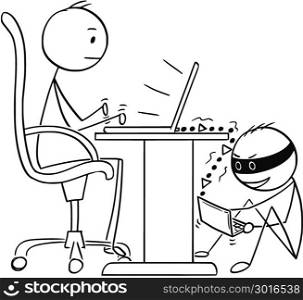 Cartoon of Man or Businessman Working on Computer While Hacker is Stealing His Data. Cartoon stick man drawing conceptual illustration of businessman working on notebook computer while hacker is stealing his data. Business concept of network and Internet security .