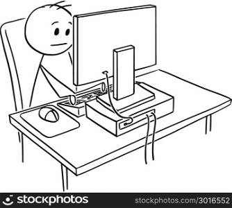 Cartoon of Man or Businessman Working on Desktop Computer. Cartoon stick man drawing conceptual illustration of businessman working on desktop computer.
