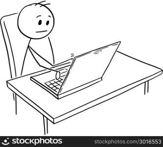 Cartoon of Man or Businessman Working on Notebook Computer. Cartoon stick man drawing conceptual illustration of businessman working on notebook computer.