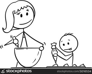 Cartoon of Mother and Son Cooking or Baking Together. Cartoon stick man drawing conceptual illustration of mother or mom and son cooking or baking together in kitchen.