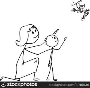 Cartoon of Mother and Son Watching a Wild Bird in Nature. Cartoon stick man drawing conceptual illustration of Mother and son watching together a wild bird in the nature.