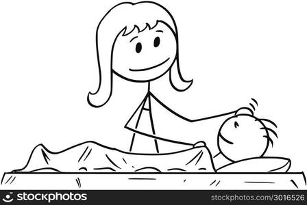 Cartoon of Mother Looking at Sleeping Son. Cartoon stick man drawing conceptual illustration of mother or mom looking at sleeping son.