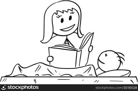 Cartoon of Mother Reading Bedtime Story or Book to Son. Cartoon stick man drawing conceptual illustration of mother or mom reading his son bedtime story from a book.