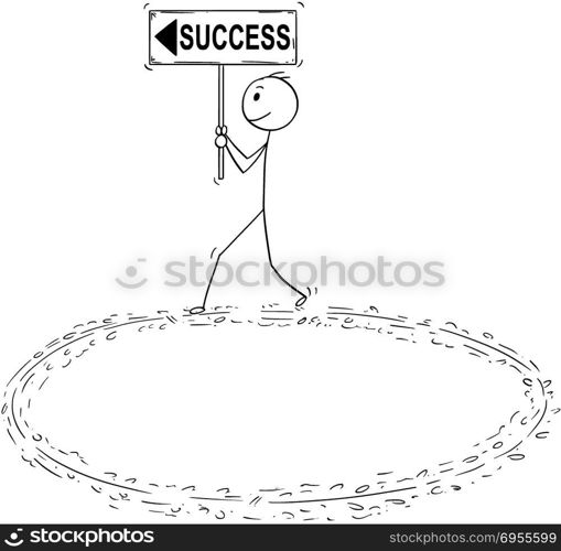 Cartoon of Motivated Businessman Holding Success an Arrow Sign and Walking in Circle. Cartoon stick man drawing conceptual illustration of motivated businessman holding success and arrow sign and walking in circle. Business concept of motivation and enthusiasm.