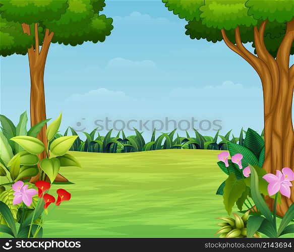 Cartoon of nature scene with beautiful park