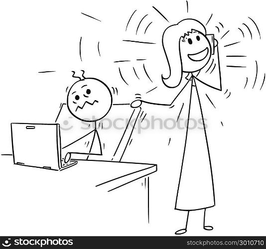 Cartoon of Office worker Disturbed but Phone Calling Colleague. Cartoon stick man drawing conceptual illustration of businessman or office worker disturbed by mobile phone calling colleague .