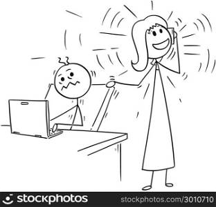 Cartoon of Office worker Disturbed but Phone Calling Colleague. Cartoon stick man drawing conceptual illustration of businessman or office worker disturbed by mobile phone calling colleague .