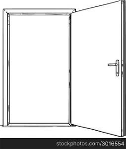Cartoon of Open Modern Door. Cartoon stick man drawing conceptual illustration of open modern door. Business concept of decision and challenge.
