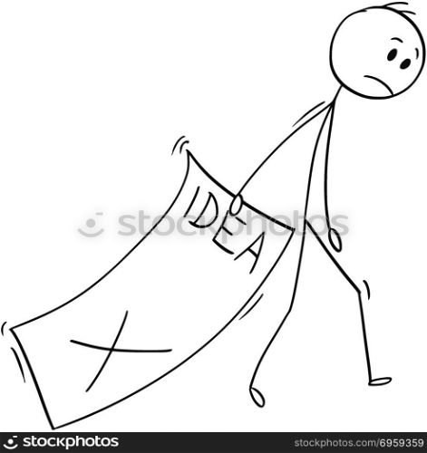 Cartoon of Sad Businessman Trailing Big Paper Sheet With Rejected Idea. Cartoon stick man drawing conceptual illustration of businessman trailing big paper sheet with idea text rejected by superior. Business concept of suppressed creativity .
