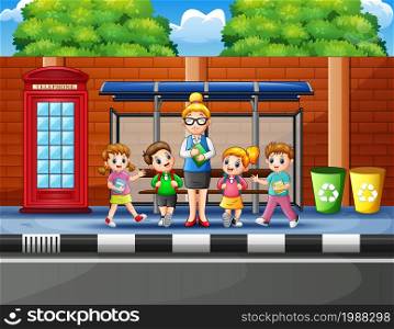 Cartoon of school children in the bus stop with a teacher