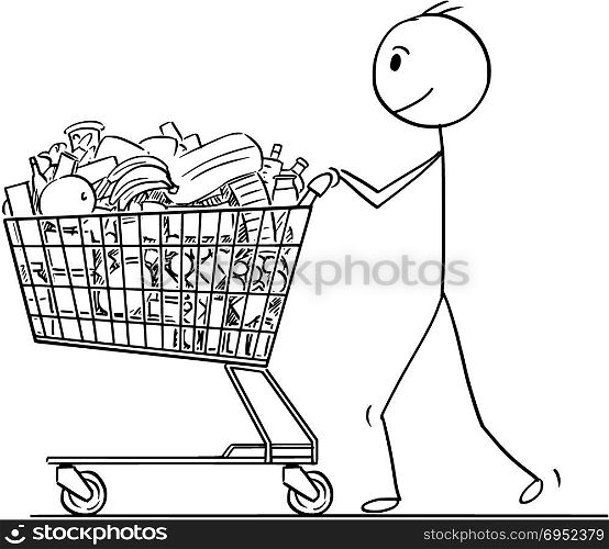 Cartoon of Smiling Man or Businessman Pushing Shopping Cart Full of Goods. Cartoon stick man drawing conceptual illustration of smiling businessman pushing shopping cart full of goods.