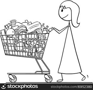 Cartoon of Smiling Woman or Businesswoman Pushing Shopping Cart Full of Goods. Cartoon stick man drawing conceptual illustration of smiling woman or businesswoman pushing shopping cart full of goods.