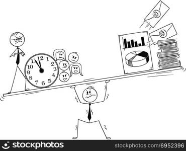 Cartoon of Stressed and Overworked Businessman Under Pressure. Cartoon stick man drawing conceptual illustration of stressed businessman under pressure by coworkers, manager and work duties. Business concept of stress and overwork.