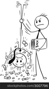 Cartoon of Taxation Clerk Shaking Out Money for Tax From Businessman. Cartoon stick man drawing conceptual illustration of taxation clerk shaking out money for tax from businessman.