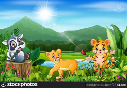 Cartoon of the beautiful landscape with different animals