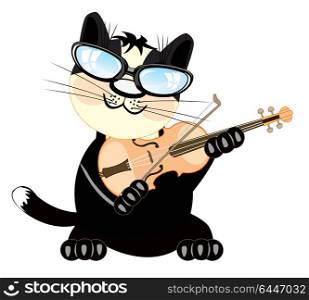 Cartoon of the cat playing on music instrument violin. Cat plays on violin
