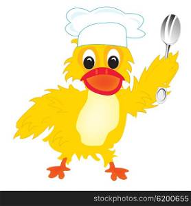 Cartoon of the duck of the cook. Duckling cook with spoon on white background is insulated