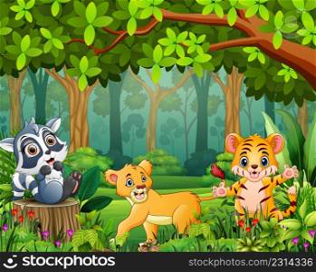 Cartoon of the forest landscape with different animals