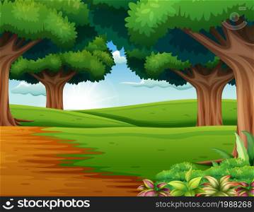 Cartoon of the forest scene with many trees