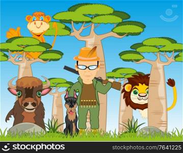 Cartoon of the huntsman with weapon and dog in wood with wildlifes. Huntsman with dog and wild animals in Africa