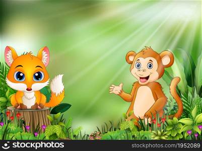 Cartoon of the nature scene with a baby fox standing on tree stump and monkey