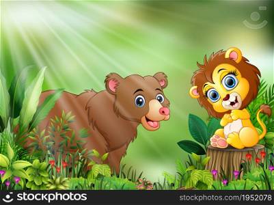 Cartoon of the nature scene with a baby lion sitting on tree stump and bear