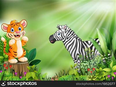 Cartoon of the nature scene with a baby tiger standing on tree stump and zebra