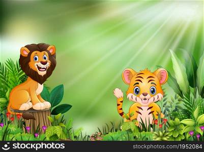 Cartoon of the nature scene with a lion standing on tree stump and tiger