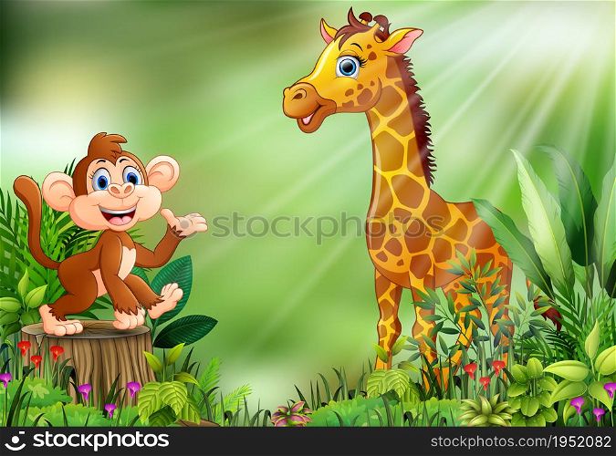Cartoon of the nature scene with a monkey sitting on tree stump and giraffe