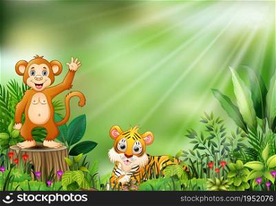 Cartoon of the nature scene with a monkey sitting on tree stump and tiger