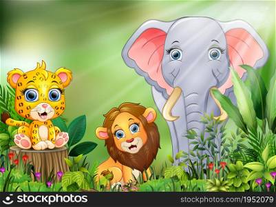 Cartoon of the nature scene with different animals
