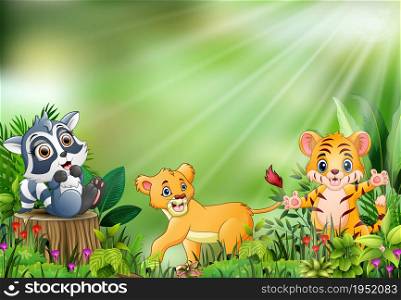 Cartoon of the nature scene with different animals