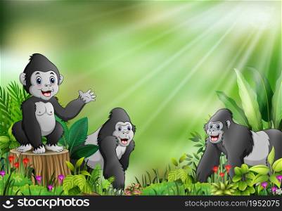 Cartoon of the nature scene with gorilla group