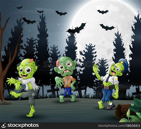 Cartoon of three zombies in the forest background