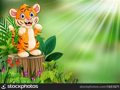 Cartoon of tiger on tree stump with green leaves and flowering plant