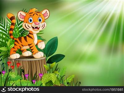 Cartoon of tiger on tree stump with green leaves and flowering plant