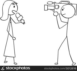 Cartoon of Tv or Television News Woman Female Reporter and Cameraman. Cartoon stick man drawing illustration of tv or television news woman female reporter and cameraman.