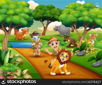 Cartoon of two boy explorer with animals in the jungle